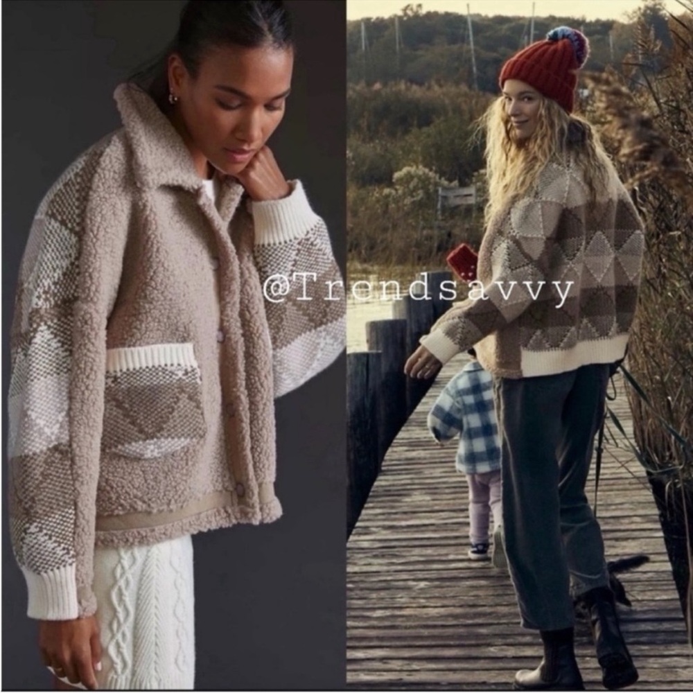 ANTHROPOLOGIE Sherpa Patchwork Jacket Beige Taupe Oversized Cozy Coat Large NWT